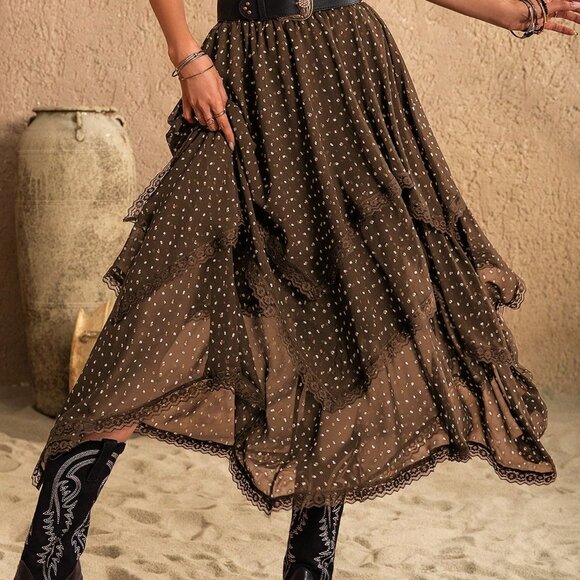 Brown Casual Women's Polka-Dot Asymmetric Skirt - Picture 3 of 8